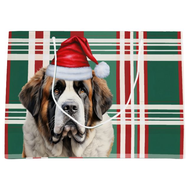 Grand Sac Cadeau Christmas Holiday Plaid Saint Bernard Dog Lover (Devant)