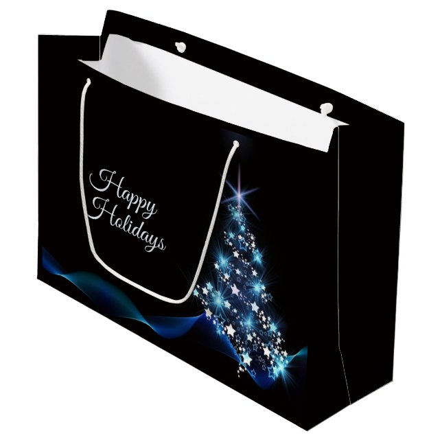 Grand Sac Cadeau Christmas Party Blue Tree Shiny Black Elegant (Devant Angle)