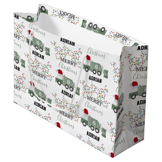 Grand Sac Cadeau Christmas Recycling Garbage Truck Custom Name  (Devant Angle)