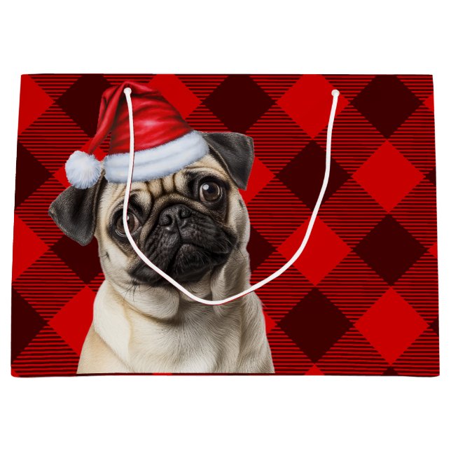 Grand Sac Cadeau Christmas Red Buffalo Plaid Pug Dog Lover (Devant)