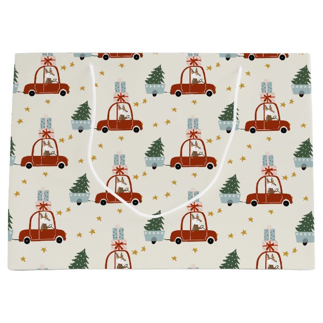 Grand Sac Cadeau Christmas Tree Red Car Illustration Gift Bag (Devant)