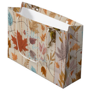 Grand Sac Cadeau Chute pour l'automne Orange Jaune Motif Texte