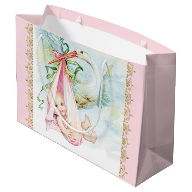 Grand Sac Cadeau Cigogne Bébé Fille (Dos Angle)