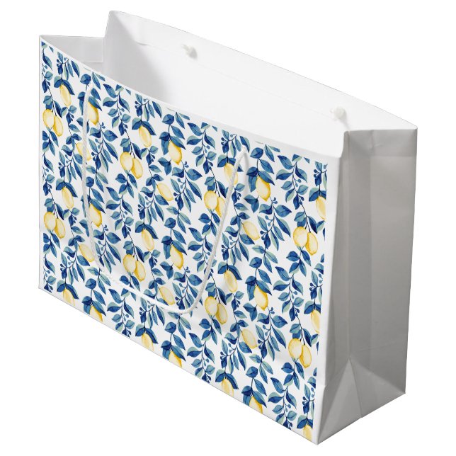 Grand Sac Cadeau Citron à l'aquarelle bleue (Devant Angle)