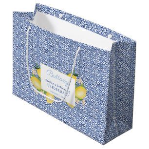Grand Sac Cadeau Citrons Amalfi Carreaux Bleus Mariage Merci