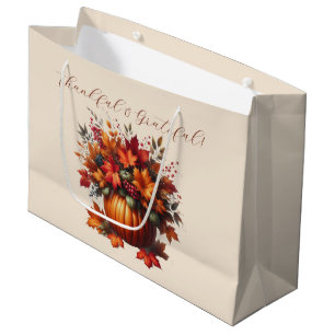 Grand Sac Cadeau Citrouille avec feuilles automnales - Thanksgiving