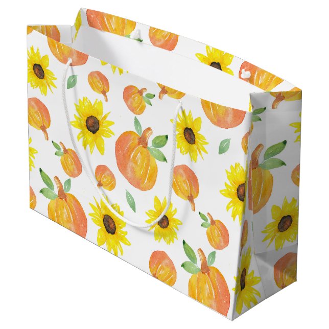 Grand Sac Cadeau Citrouilles d'aquarelle et tournesols (Dos Angle)