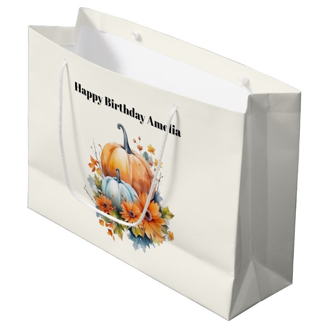 Grand Sac Cadeau Citrouilles d'automne avec Fleurs et Foliage Anniv (Devant Angle)
