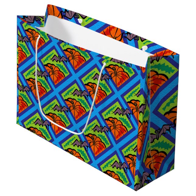 Grand Sac Cadeau Citrouilles et chauves-souris en Motif, Nom, Hallo (Devant Angle)