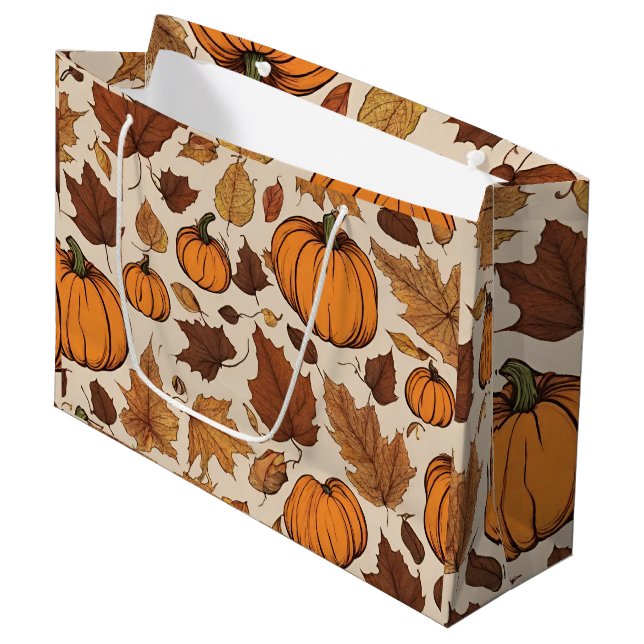 Grand Sac Cadeau Citrouilles orange et feuilles d'automne (Devant Angle)