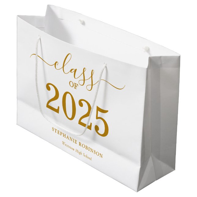 Grand Sac Cadeau Classe de 2025 Gold Script Graduation (Devant Angle)