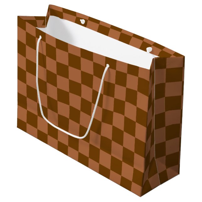 Grand Sac Cadeau Classic Checkered Pattern: Brown and Tan Square (Devant Angle)