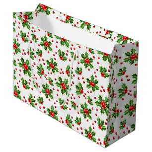 Grand Sac Cadeau Classic Holiday Green Holly Red Berries