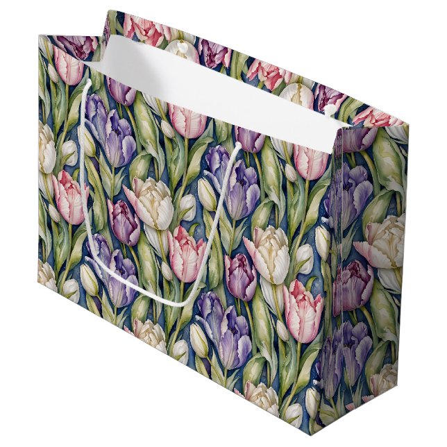 Grand Sac Cadeau Classic Pink, Purple, Whute Tulips (Devant Angle)