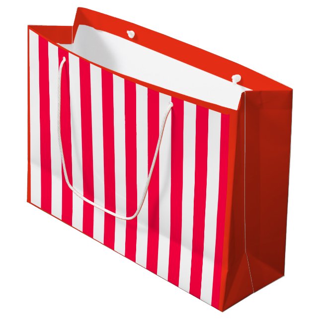 Grand Sac Cadeau Classique Rouge Blanc rayé Noël Modèle Chic (Devant Angle)