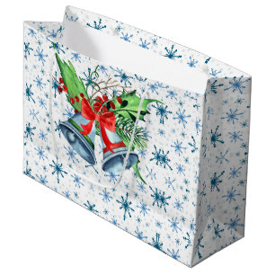 Grand Sac Cadeau Cloches de Noël en argent, Holly et Flakes à neige