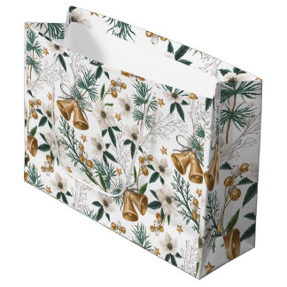 Grand Sac Cadeau Clochettes dorées élégantes et motif floral blanc