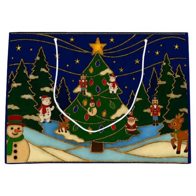 Grand Sac Cadeau Cloisonne Art Whimsical Forest Classic Christmas  (Devant)