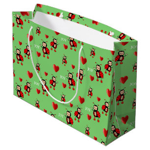 Grand Sac Cadeau Coccinelles mignonnes, cœurs et texte Joie sur fon