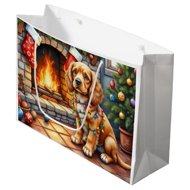 Grand Sac Cadeau Cocker Spaniel près de la cheminée avec des lumièr (Devant Angle)