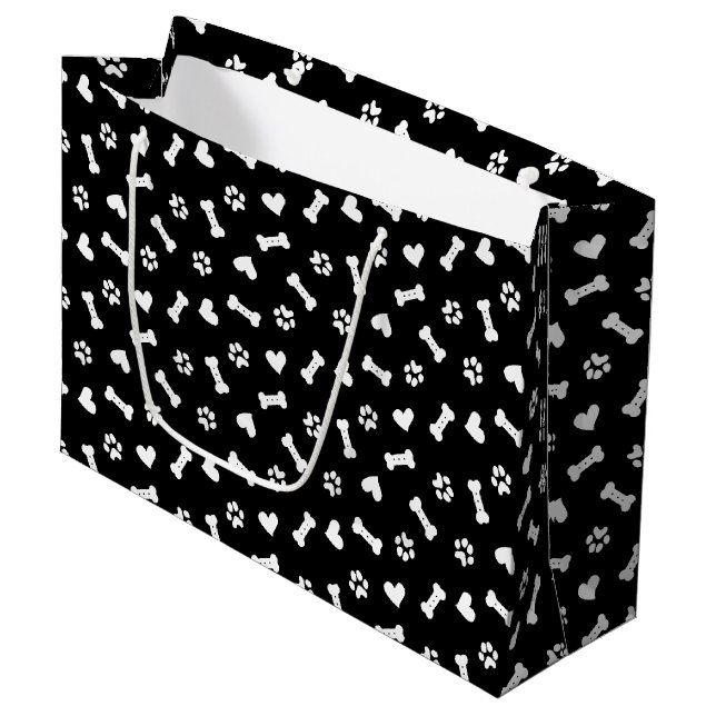 Grand Sac Cadeau Coeur Chien Paws Et Os Noir     (Devant Angle)