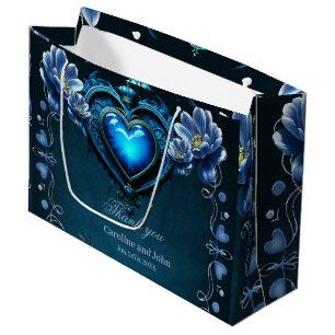 Grand Sac Cadeau Coeur gothique bleu entouré de fleurs magiques