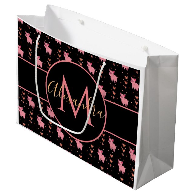 Grand Sac Cadeau Coeur rose de porc mignon Amusant animal Monogramm (Devant Angle)