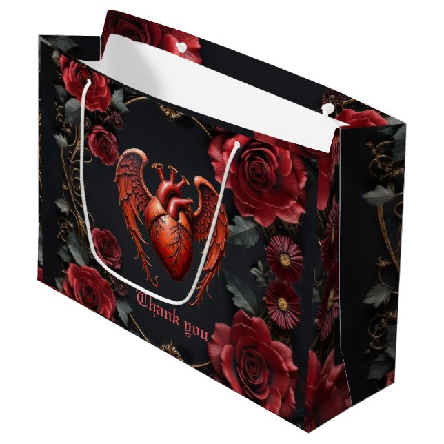 Grand Sac Cadeau Coeur rouge gothique avec Rose - Romantique foncé (Devant Angle)