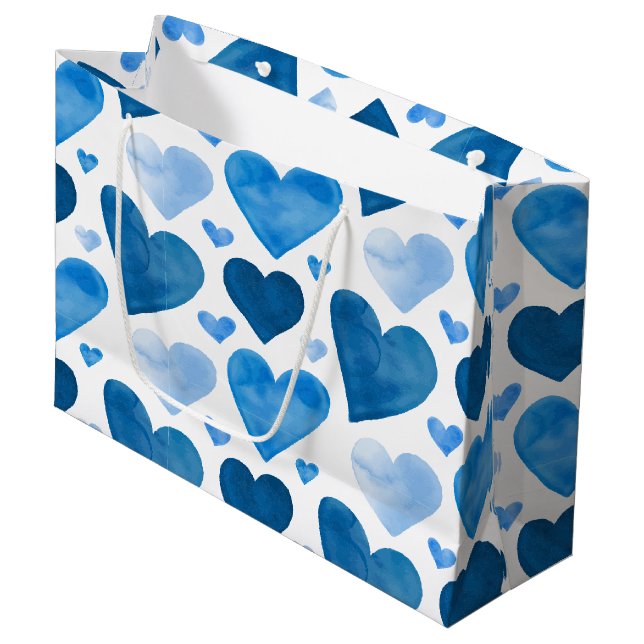 Grand Sac Cadeau Coeurs aquarelle - Bleu (Devant Angle)