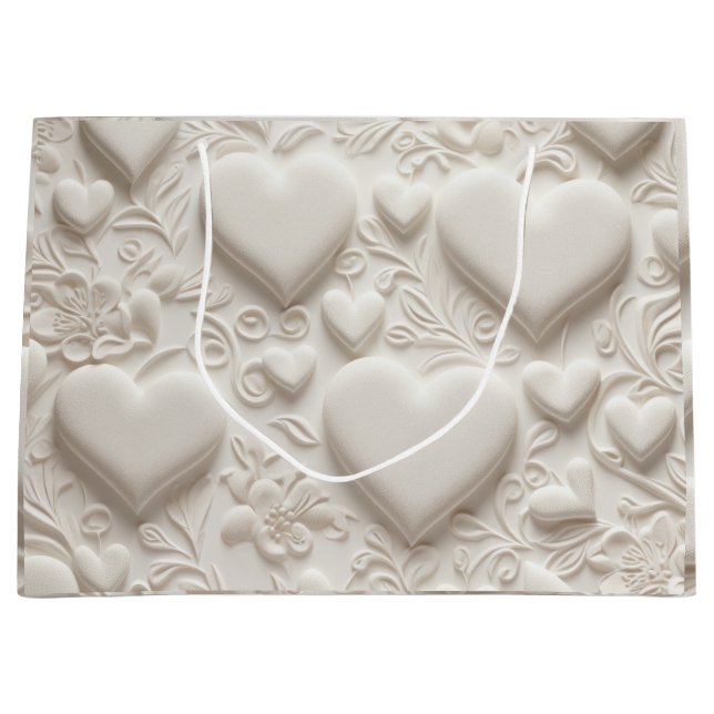 Grand Sac Cadeau Coeurs Blancs (Aspect Embossé) (Devant)