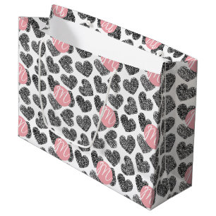 Grand Sac Cadeau Coeurs de Doodle Noir et Blanc modernes Monogramme