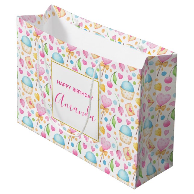 Grand Sac Cadeau Coeurs et Cupcakes Motif d'aquarelle (Devant Angle)