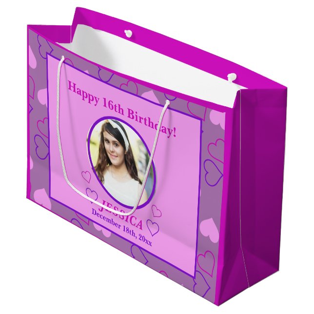 Grand Sac Cadeau Coeurs mignons rose violet 16e anniversaire Photo  (Devant Angle)