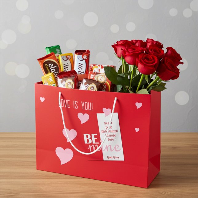 Grand Sac Cadeau Cœurs roses coquins personnalisés sur fond rouge p (Créateur téléchargé)