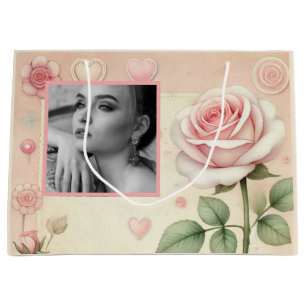 Grand Sac Cadeau Coeurs roses vintages photo florale aquarelle