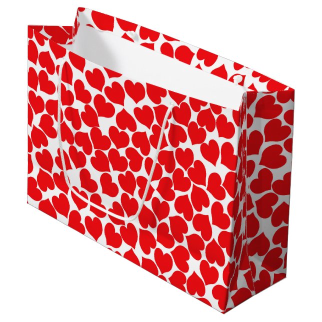 Grand Sac Cadeau Coeurs rouges sur blanc (Devant Angle)