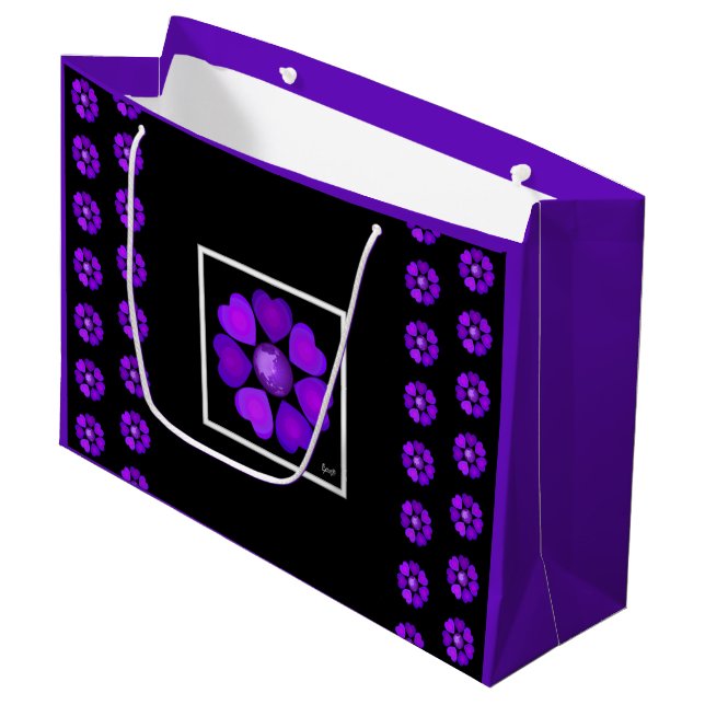 Grand Sac Cadeau Cœurs violets B&W qui battent (Devant Angle)