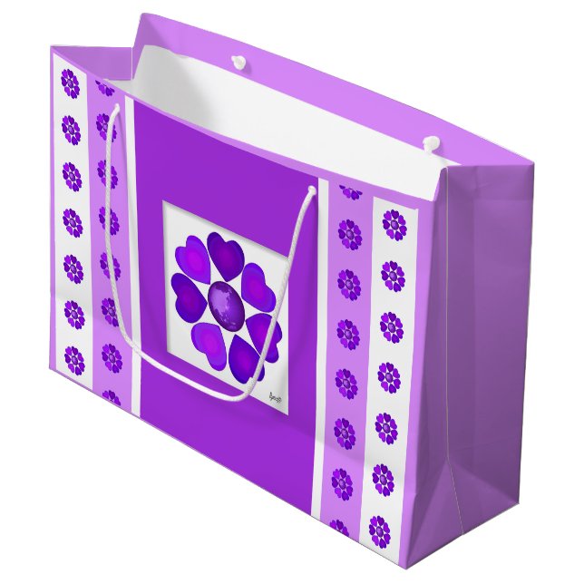Grand Sac Cadeau Cœurs violets B&W qui battent (Devant Angle)