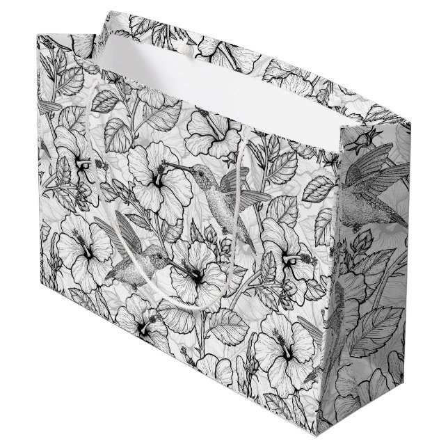 Grand Sac Cadeau Colibris et fleurs d'hibiscus b&w (Dos Angle)