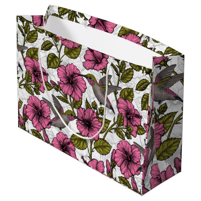 Grand Sac Cadeau Colibris et fleurs d'hibiscus roses (Dos Angle)