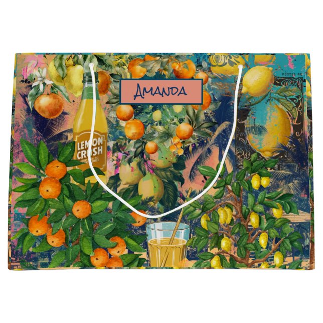 Grand Sac Cadeau collage d'agrumes siciliens bleu orange chic (Devant)