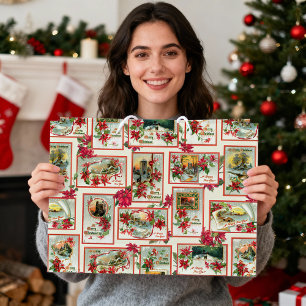 Grand Sac Cadeau Collage de la carte de Noël Poinsettia vintage