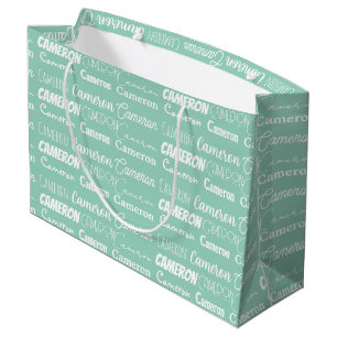 Grand Sac Cadeau Collage de nom personnalisé vert mousse chic pour