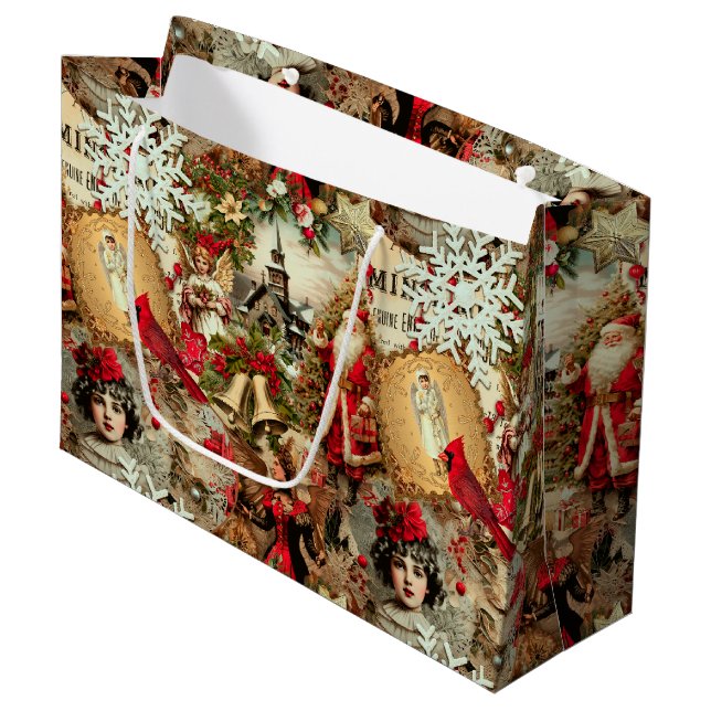 Grand Sac Cadeau Collage de trésors de Noël victoriens (Devant Angle)