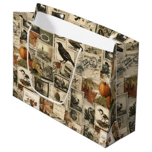 Grand Sac Cadeau Collage Ephémère d'automne vintage   Oiseaux rusti