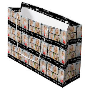 Grand Sac Cadeau Collage photo d'anniversaire chic noir