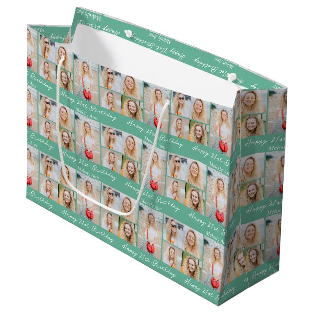 Grand Sac Cadeau Collage photo d'anniversaire vert mousse chic (Devant Angle)