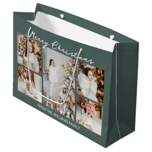 Grand Sac Cadeau Collage photo de Noël gris vert moderne