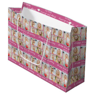 Grand Sac Cadeau Collage photo personnalisé rose pour un joyeux ann