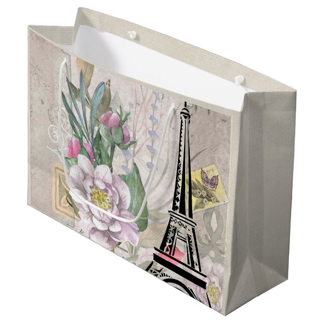 Grand Sac Cadeau Collage vintage et tour Eiffel (Devant Angle)